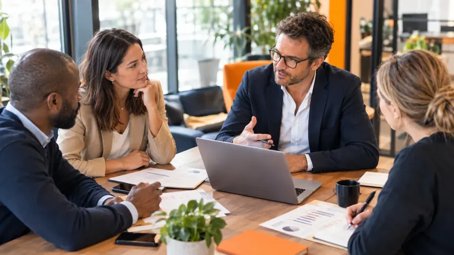 Consultants collaborating around a table in a modern office